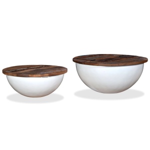 Set măsuțe cafea, 2 piese, lemn masiv reciclat, alb, formă bol - Img 12