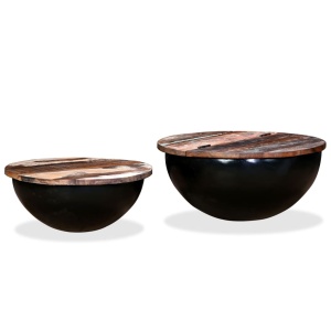 Set măsuțe cafea 2 piese, lemn masiv reciclat, negru, formă bol - Img 11
