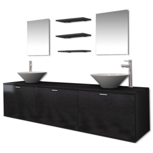 Set mobilier baie 10 piese cu chiuvete și robinete incluse, Negru - Img 2
