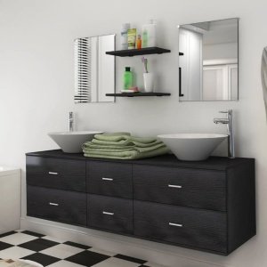 Set mobilier baie 9 piese cu chiuvete și robinete incluse, Negru