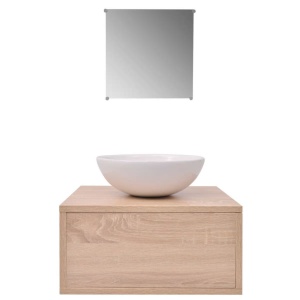 Set mobilier baie format din 3 piese cu chiuvetă inclusă, Bej - Img 3