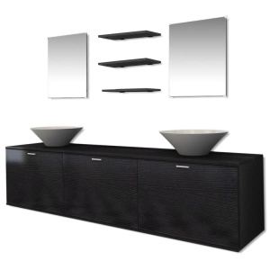 Set mobilier baie format din 8 piese cu chiuvete incluse, Negru - Img 2