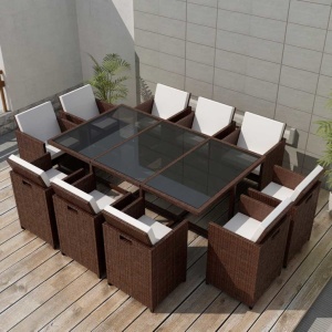 Set mobilier de exterior cu perne, 11 piese, maro, poliratan