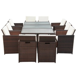 Set mobilier de exterior cu perne, 11 piese, maro, poliratan - Img 3