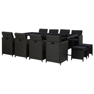Set mobilier de exterior cu perne, 13 piese, negru, poliratan