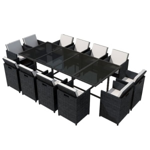 Set mobilier de exterior cu perne, 13 piese, negru, poliratan - Img 2