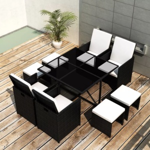 Set mobilier de exterior cu perne, 9 piese, negru, poliratan