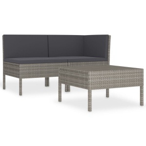 Set mobilier de grădină cu perne, 3 piese, gri, poliratan - Img 2