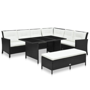 Set mobilier de grădină cu perne, 3 piese, negru, poliratan
