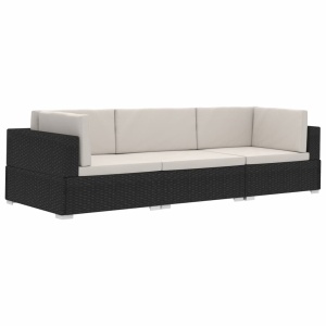 Set mobilier de grădină cu perne, 3 piese, negru, poliratan - Img 2
