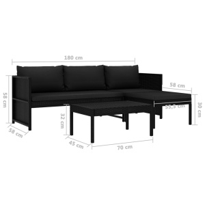 Set mobilier de grădină cu perne, 3 piese, negru, poliratan - Img 9