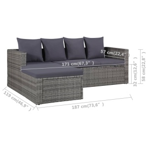 Set mobilier de grădină cu perne, 4 piese, gri, poliratan - Img 6