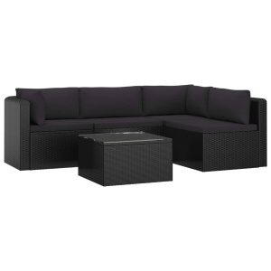 Set mobilier de grădină cu perne, 5 piese, negru, poliratan - Img 2