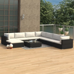 Set mobilier de grădină cu perne, 9 piese, negru, poliratan