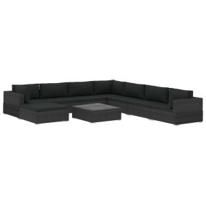 Set mobilier de grădină cu perne, 9 piese, negru, poliratan - Img 2