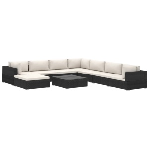 Set mobilier de grădină cu perne, 9 piese, negru, poliratan - Img 2