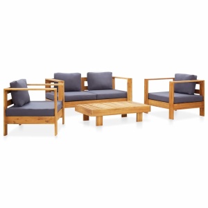 Set mobilier grădină cu perne, 4 piese, gri, lemn masiv acacia