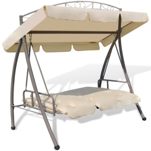 Balansoar de exterior extensibil cu copertină, alb nisipiu - Img 4