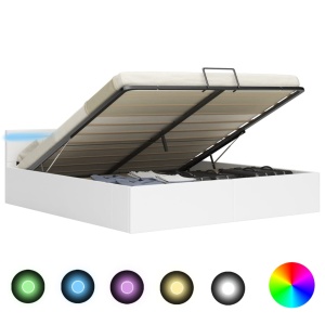 Cadru pat hidraulic cu ladă LED alb 160x200 cm, piele ecologică