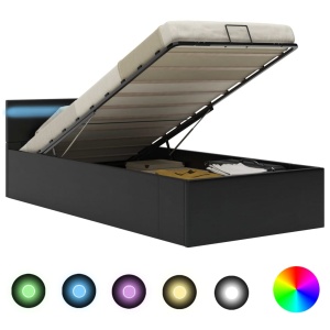 Cadru pat hidraulic cu ladă LED negru 90x200 cm piele ecologică