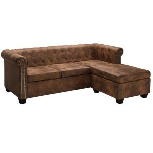 Canapea Chesterfield formă L, piele intoarsă artificială, maro