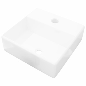Chiuvetă de baie, ceramică, cu orificiu pentru robinet, alb, pătrat - Img 2