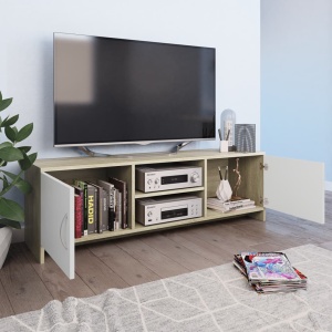 Comodă TV, alb și stejar Sonoma, 120x30x37,5, PAL - Img 3