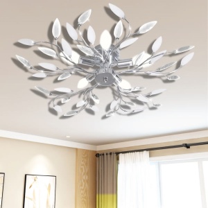 Lustră cristale acrilice formă frunze, transparent & alb, 5 becuri E14