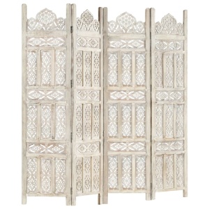 Paravan cameră sculptat manual 4 panouri alb 160x165 cm mango - Img 8