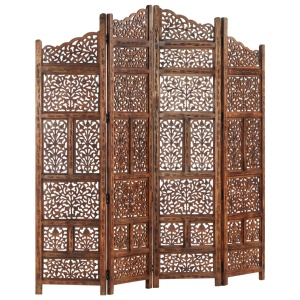 Paravan cameră sculptat manual 4 panouri maro 160x165 cm mango - Img 8