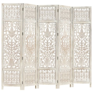 Paravan cameră sculptat manual 5 panouri alb 200x165 cm mango - Img 7