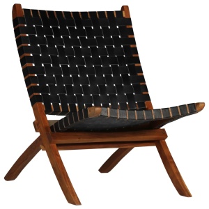 Scaun pliant impletit, negru, piele naturală