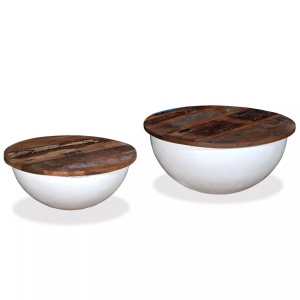 Set măsuțe cafea, 2 piese, lemn masiv reciclat, alb, formă bol - Img 2