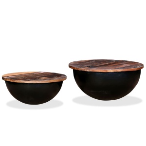 Set măsuțe cafea 2 piese, lemn masiv reciclat, negru, formă bol - Img 12