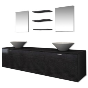 Set mobilier baie 10 piese cu chiuvete și robinete incluse, Negru - Img 3
