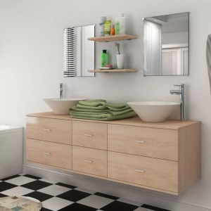 Set mobilier baie format din 7 piese cu chiuvete incluse, Bej