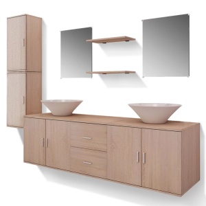 Set mobilier baie format din 9 piese cu chiuvete incluse, Bej - Img 2