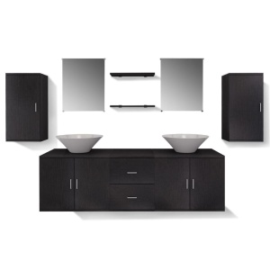 Set mobilier baie format din 9 piese cu chiuvete incluse, Negru - Img 8