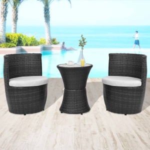 Set mobilier bistro cu perne, 3 piese, negru, poliratan