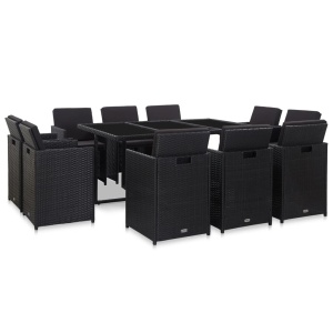 Set mobilier de exterior cu perne, 11 piese, negru, poliratan
