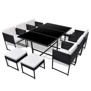 Set mobilier de exterior cu perne, 11 piese, negru, poliratan - Img 2