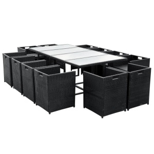 Set mobilier de exterior cu perne, 13 piese, negru, poliratan - Img 8