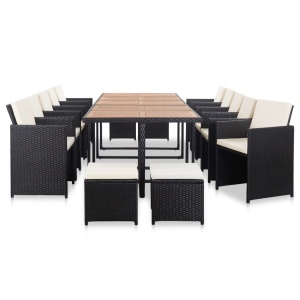 Set mobilier de exterior cu perne, 15 piese, negru, poliratan - Img 2