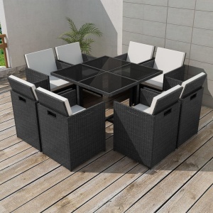 Set mobilier de exterior cu perne, 9 piese, negru, poliratan