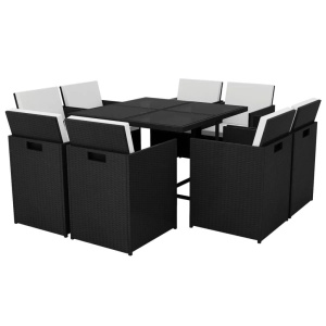 Set mobilier de exterior cu perne, 9 piese, negru, poliratan - Img 2