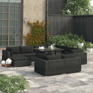 Set mobilier de grădină cu perne, 10 piese, negru, poliratan