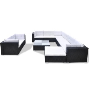 Set mobilier de grădină cu perne, 10 piese, negru, poliratan - Img 2