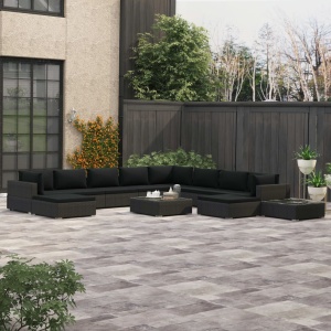 Set mobilier de grădină cu perne, 12 piese, negru, poliratan