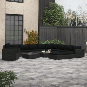 Set mobilier de grădină cu perne, 13 piese, negru, poliratan