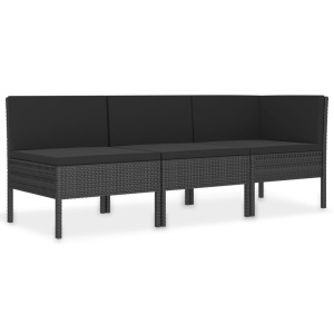 Set mobilier de grădină cu perne, 3 piese, negru, poliratan - Img 2